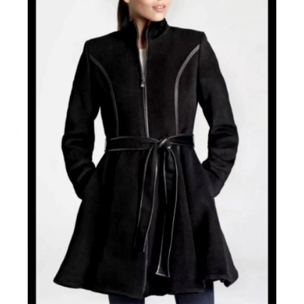 Dawn Levy Black Wool Fergie Fit & Flare Skirted Belted Basic Coat Trench